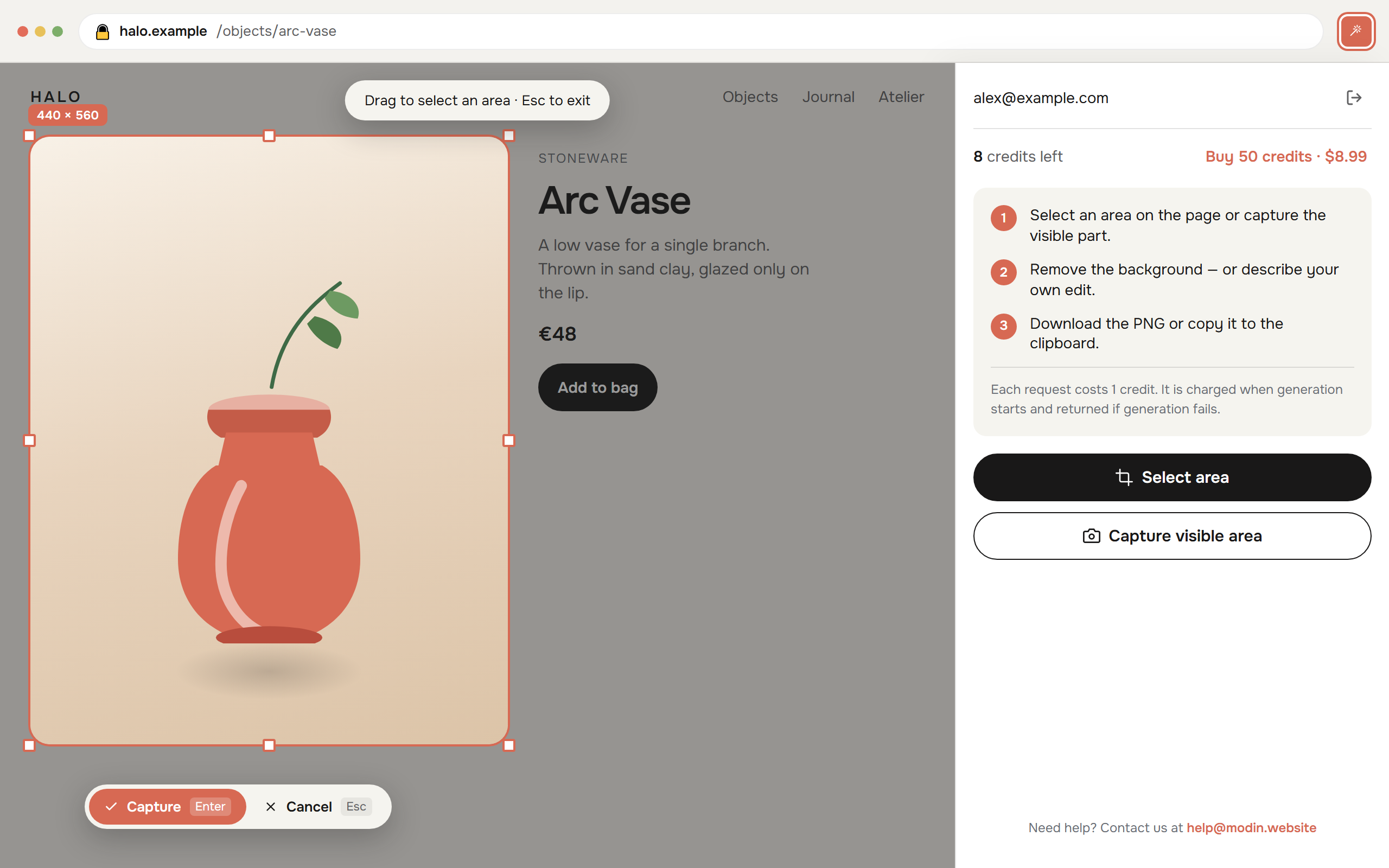 A shop page with a selection frame around a product photo and the Remove Background from Website side panel open